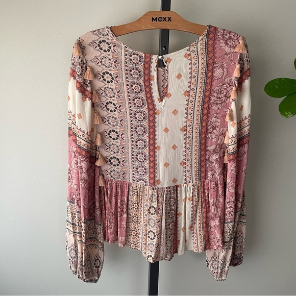 American Eagle Boho Peasant Top Blouse Peplum Tassels Bohemian Size Medium - Picture 2 of 8